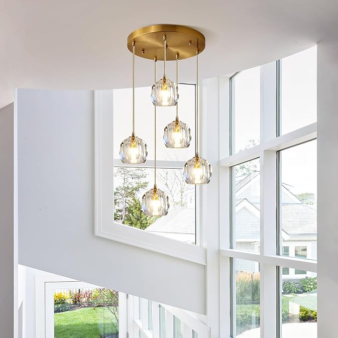 Mid Century 5-Lights Cluster Pendant Lighting Modern Gold Crystal Kitchen Island Pendant Light Multi Light Brass LED Pendant Light Fixture Clear Bubble Round Dining Chandelier