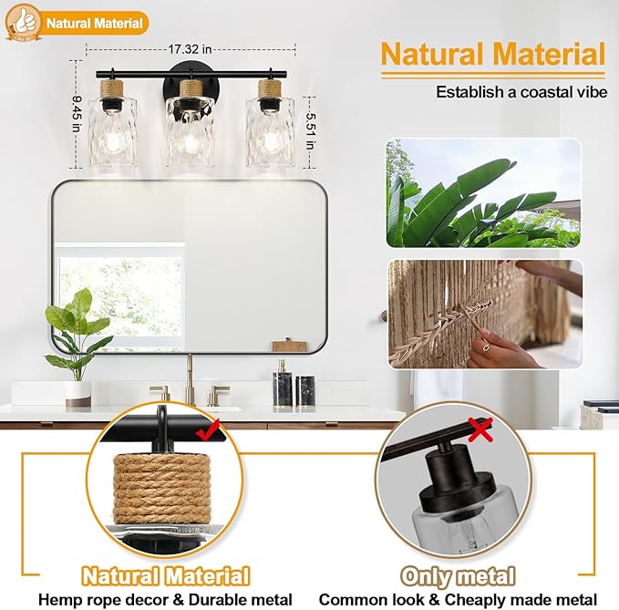 MOKATNG Bathroom Light Fixtures, 3-Light Coastal Vanity Lights with Crystal Glass Shade, Black Bathroom Wall Lamp for Mirror Kitchen Hallway Cabinet