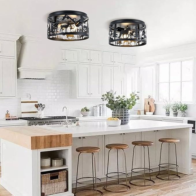 Farmhouse Rustic Ceiling Light Fixtures -Horse & Deer Design, 2-Light E26 Round Metal Fixture for Kitchen, Bedroom, Foyer, Entryway, Lodge (Bulbs Not Included)