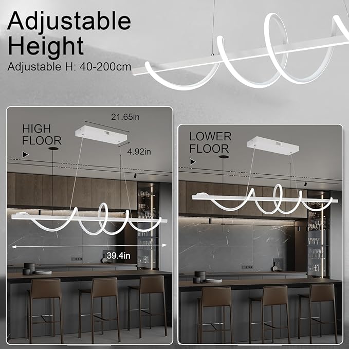 Led Chandeliers for Dining Room,Modern Led Pendant Light Fixture, Dimmable Adjustable Height Music Note Shape Hanging Lamp with Remote Control White Iron Ceiling Light Fixture for Kitchen Island
