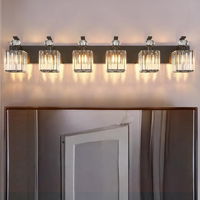 Modern Bathroom Vanity Light, 6-Light Black Bathroom Lighting Fixtures Over Mirror, 44.1" Crystal Wall Light Sconce for Bathroom/Bedroom/Vanity, Includes LED Bulbs, Easy Installation