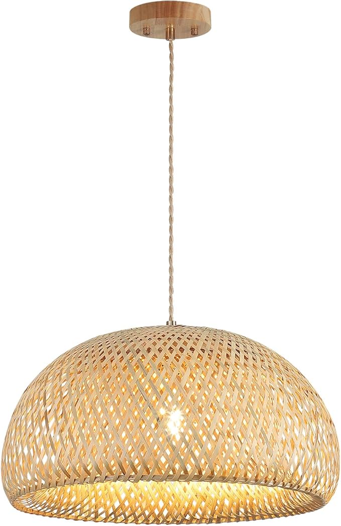 Bamboo Large Pendant Light Fixture 17.8 inch One-Light Adjustable Rustic Basket Handmade Woven Pendant Lighting for Kitchen Island Farmhouse Dining Room Living Room