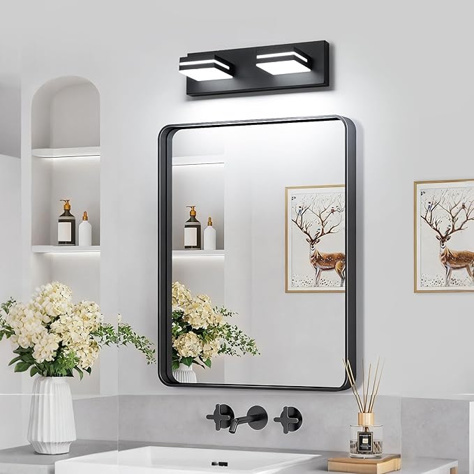 SineRise LED Modern Bathroom Vanity Light Fixtures (2-Light, 15.5-Inch, Dimmable), Matte Black Modern Acrylic Bathroom Wall Lighting Fixtures Over Mirror (Cool White 6000K)