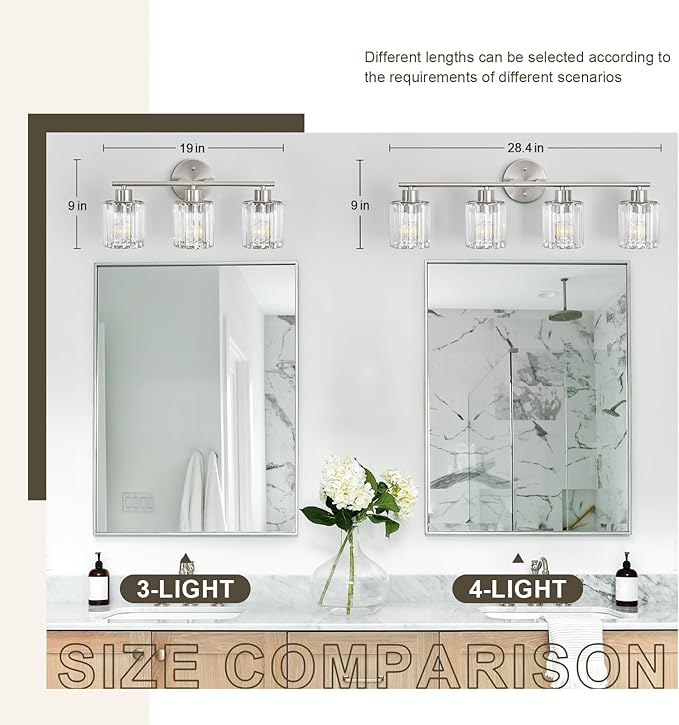 Crystal Bathroom Light Fixtures, Bathroom Lighting Fixtures Over Mirror, Modern 4-Light Brushed Nickel Vanity Lights for Mirror, Restroom, Kitchen(Ceramic E26 Socket,Bulbs Not Include)