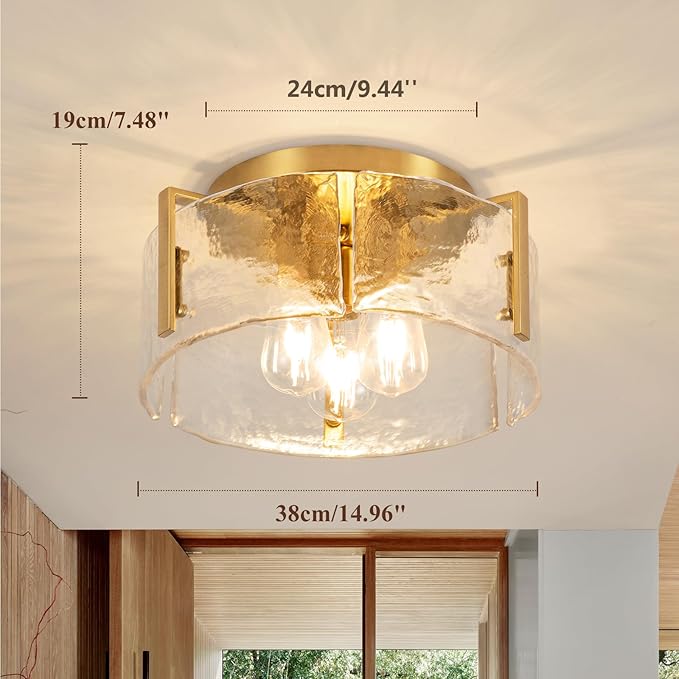 Gold Semi Flush Mount Ceiling Light Fixture, Modern Flush Mount Ceiling Lights, 3-Light Glass Drum Fixture for Dining Room, Farmhouse Foyer Lighting Fixtures for Kitchen, Entryway, Hallway, Bedroom