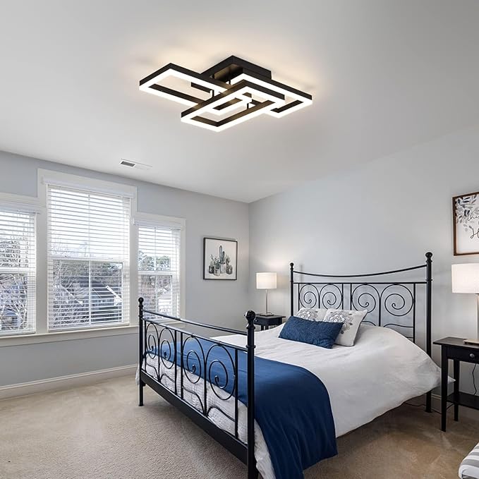 Modern LED Ceiling Light, Black Square LED Flush Mount Ceiling Light, APP and Remote Control Dimming 3000K-6500K for Dining Room, Living Room, Kitchen, Bedroom, Office