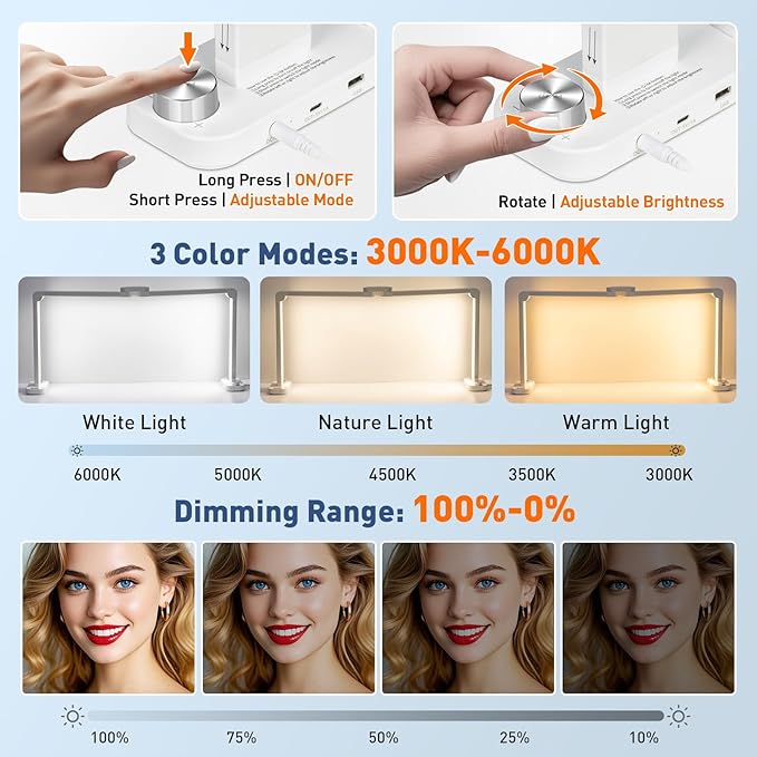 KIRKAS 34inch Large Half Moon Light for Nail Tech, 456 LEDs 3 Color Modes Infinitely Knob with Phone Holder Charging Function, Foldable Nail Desk Lamp for Eyelash Extension, Tattoo-White(34inch Large)