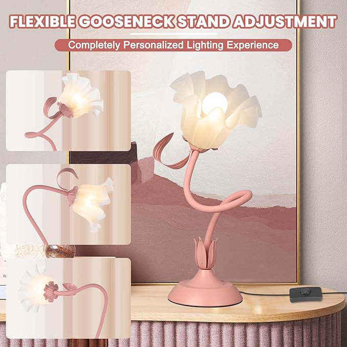 Flower Desk Lamp, LED Reading Light Flower Table Lamp, 3 Colors Flower Lamp for Girls Bedroom, Adjustable Flexible Nightstand Lamps, Bedside Table Lamp for Bedroom, Living Room, Home Decor (Pink)