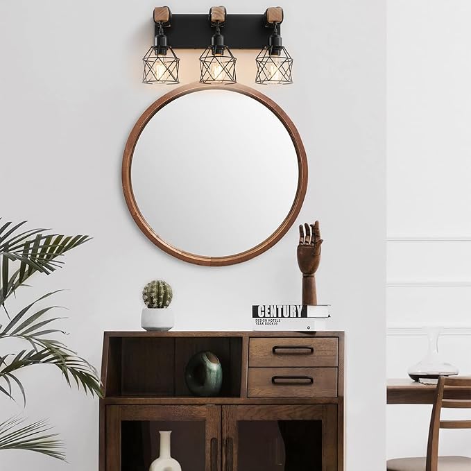 Farmhouse Vanity Light Fixture,3-Light Bathroom Lighting,Black Industrial Wood Wall Light Over Mirror with Metal Shade,Bulbs NOT Included