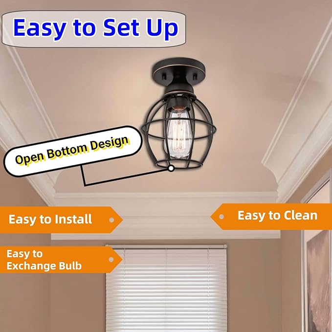 WISBEAM Oil Rubbed Bronze Semi Flush Mount Ceiling Light Fixture, E26 Medium Base MAX 60W, Metal Housing, ETL Rated, Bulbs NOT Included, 2-Pack