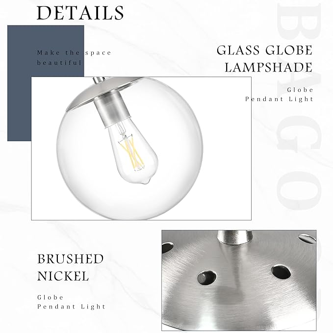 Bagood 10 Inch Globe Pendant Light Nickel Globe Pendant Lights Kitchen Island Mid Century Light Fixture with Hight Clear Glass Contemporary Adjustable Hanging Lights for Dining Room (Bulb Included)