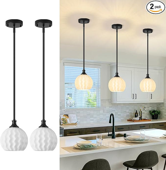 Black Pendant Lights Kitchen Island 2 Pack, 7.3" Modern Milk Glass Pendant Light Fixtures with Rods, Adjustable Height Hanging Lighting for Kitchen Sink Bathroom Dining Room
