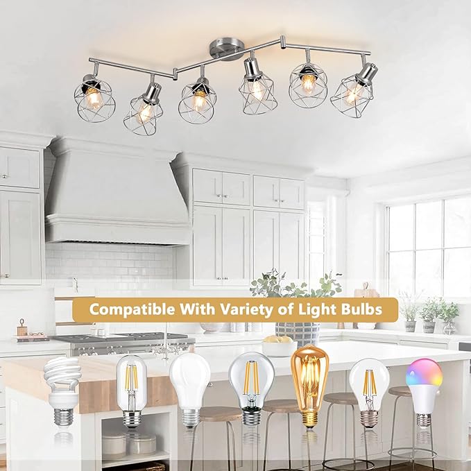 WILON Track Lighting Fixtures, 6-Light Brushed Nickel Flush Mount Track Light Ceiling, 6 Way Spot Light Kitchen Light Fixtures Directional Ceiling Spotlight for Kitchen Hallway Living Room