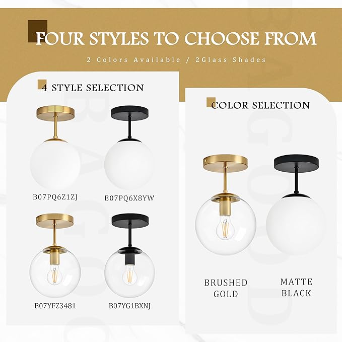 Gold Globe Semi Flush Mount Ceiling Light,Mid Century Modern Light Fixture Ceiling,Globe Ceiling Light for Hallway Living Room Kitchen Bedroom Storage Schoolhouse Laundry(Bulb Incl.)