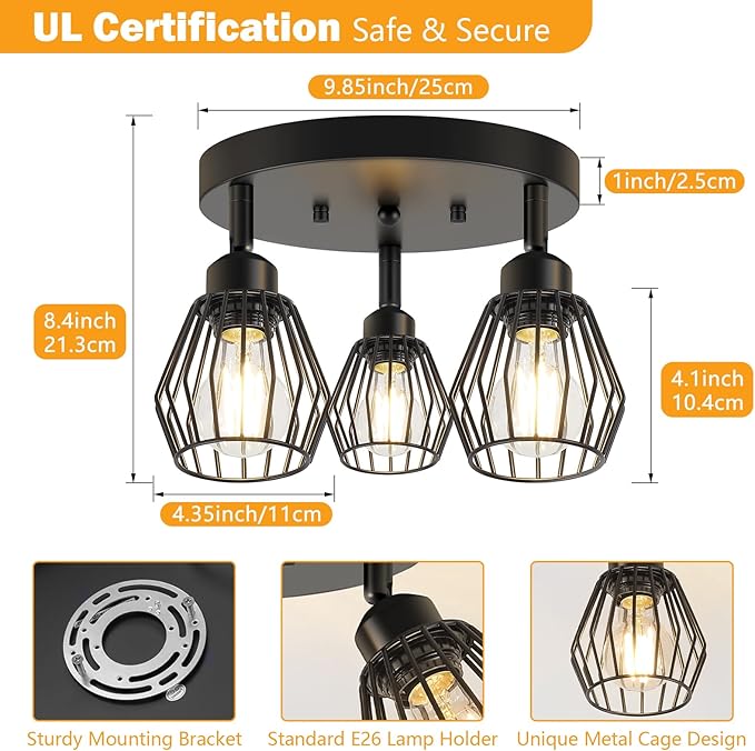 3-Light Kitchen Light Fixtures Ceiling Mount, Adjustable Multi-Directional Farmhouse Black Metal Cage Flush Mount Ceiling Light Fixtures for Hallway Dining Room Entryway