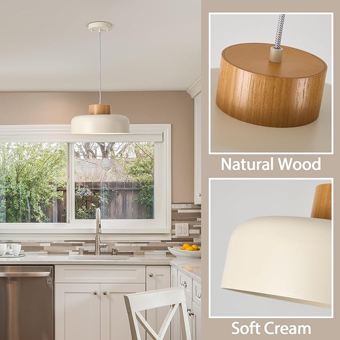 Modern Pendant Lights,12.6 inch,Natural Wood Cap,Simple Hanging Light Fixture for Kitchen Island,Dining Room
