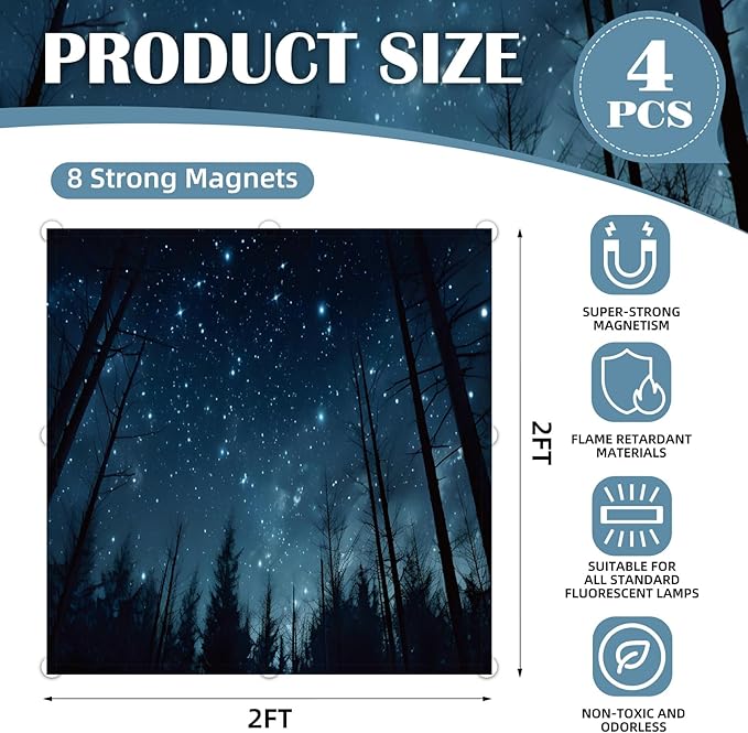 ANGSYLTH 2 x 2 Feet Fluorescent Light Covers - 4 Pcs Covers for Ceiling Lights, Magnetic Light Filters for Classroom, Office, Hospitals, Home (Forests & Starry Sky)