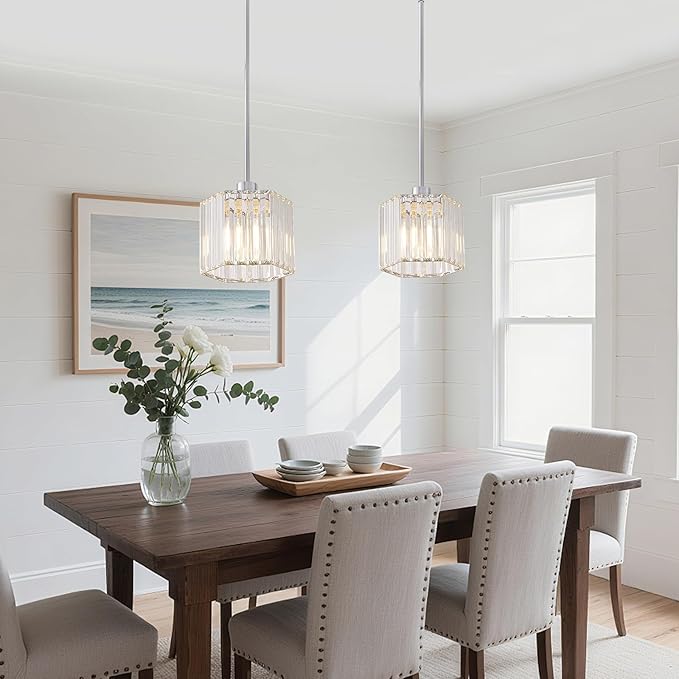 XSDeTu 2 Pack Crystal Pendant Light Fixtures, Modern Chrome Hanging Light, 1-Light Small Farmhouse Chandelier, Adjustable Hexagonal Cage Pendant Lighting for Kitchen Island, Dining Room, Bedroom