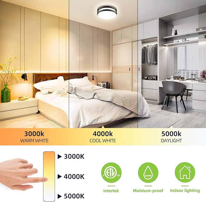 Flush Mount Ceiling Light, 10 inch Dimmable 2200lm 24W[250W Equiv], 3000K/4000K/5000K LED Light Fixture for Bedroom, Kitchen, Hallway, Bathroom, Hallway-2 Pack, Black
