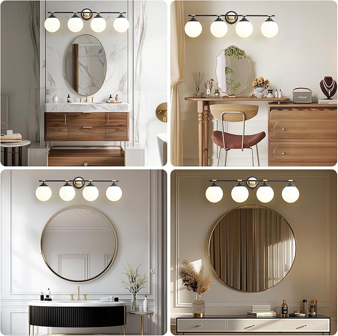 Rayogale Black Gold Bathroom Light Fixtures, ETL Certified, Modern, 4 Light Bathroom Wall Sconce, Vanity Light with Milk White Glass Shades (Bulbs Not Included) 32 Inch
