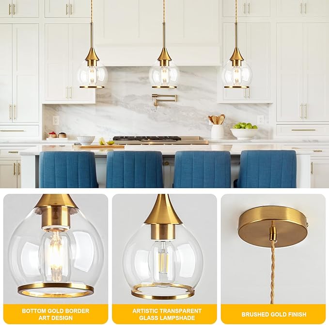 1-Piece Island Light for Kitchen, 1-Light Gold Kitchen Island Hanging Pendant Light with Clear Round Glass Shades, Brushed Gold Finish Dining Room Light Fixture Over Table
