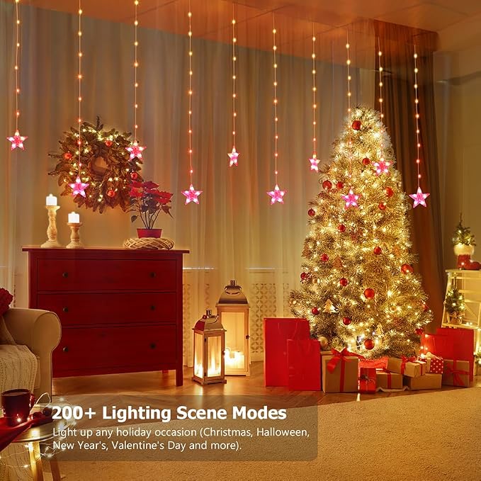 Star Curtain Lights, 10ft x 3.3ft RGB LED Color Changing String Fairy Lights Stars Curtain, Smart APP & IR Remote, 200+ Scene Modes for Bedroom Backdrop Indoor Outdoor Christmas Decorations