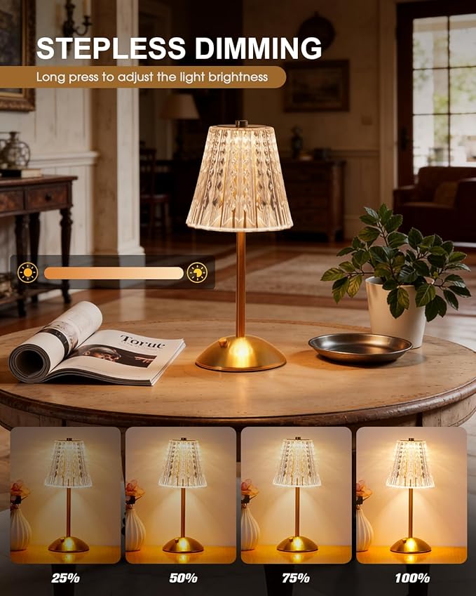 Nusogon Rechargeable Cordless Table Lamp, Touch Control Crystal Desk Lamp with 3500mAh Battery, 3 Color Dimmable LED Small Lamp for Bedroom Bedside Restaurant Kitchen Home Decor