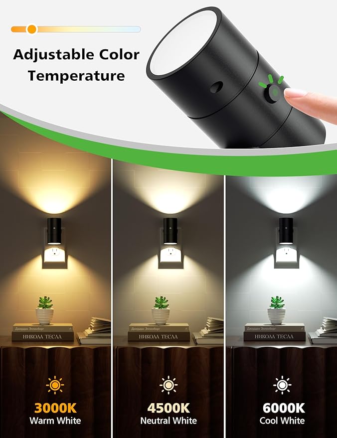 JOFIOS Night Lights Plug Into Wall,Dimmable LED Nightlight with Dusk to Dawn Light Sensor,0-100LM Adjustable Brightness,3 Color Temperatures,Night Light for Hallway Bathroom Stair Bedroom,Black,2 Pack