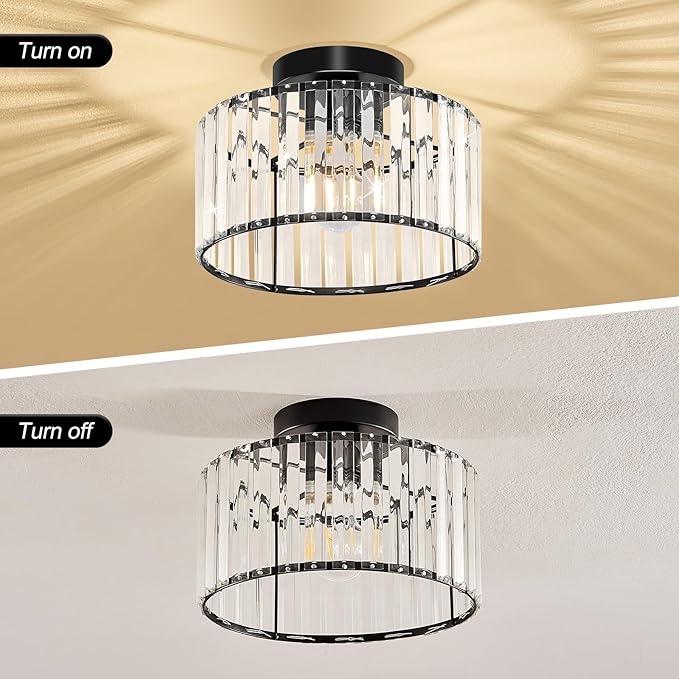 Modern Ceiling Light, Crystal Hallway Semi Flush Mount Ceiling Lighting Fixture, Black Metal Close to Ceiling Lamp for Bathroom Entryway Bedroom Porch Kitchen Living Room