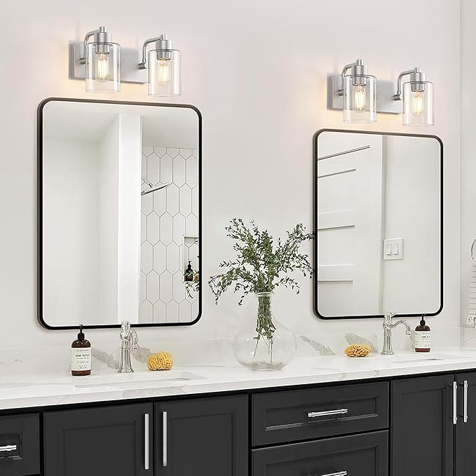 Dpyrrhic Brushed Nickel Bathroom Light Fixtures, Wall Mounted 2-Light Bathroom Lights Over Mirror with Clear Glass Shade,Wall Sconces for Kitchen Living Room Bedroom