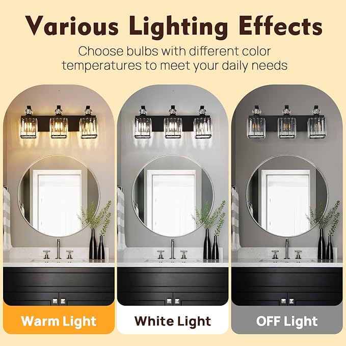 Modern Bathroom Vanity Light, 3-Light Black Bathroom Lighting Fixtures Over Mirror, 20.5" Crystal Wall Light Sconce for Bathroom/Bedroom/Vanity, Includes LED Bulbs, Easy Installation