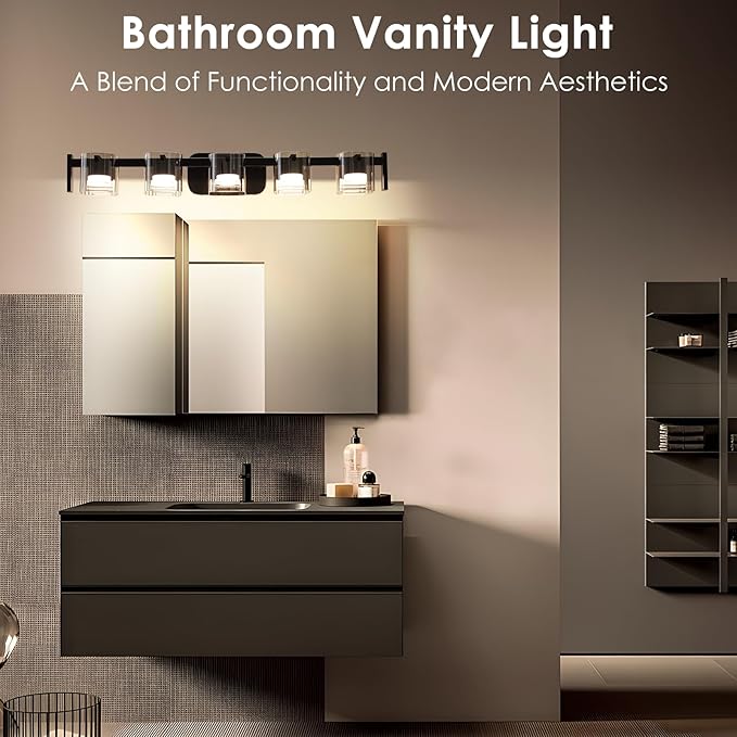 33.4" Modern Black Bathroom Vanity Light 5 Light Bathroom Light fixtures Cordless LED Vanity Light, 3000K/4000K/6000K Adjustable Wall Light with Smoke Gray Glass for Restroom,Bedroom,washroom