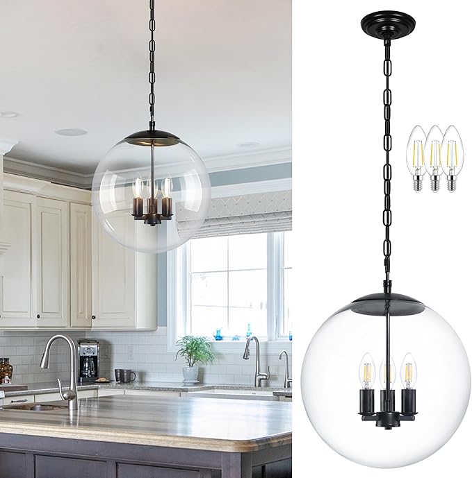 KoKo&Yukina 14" Black Globe Pendant Light Mid Century Pendant Light Clear Glass Pendant Lights Kitchen Island Adjustable Hanging Light Fixture for Dining Room Bedroom Kitchen Island
