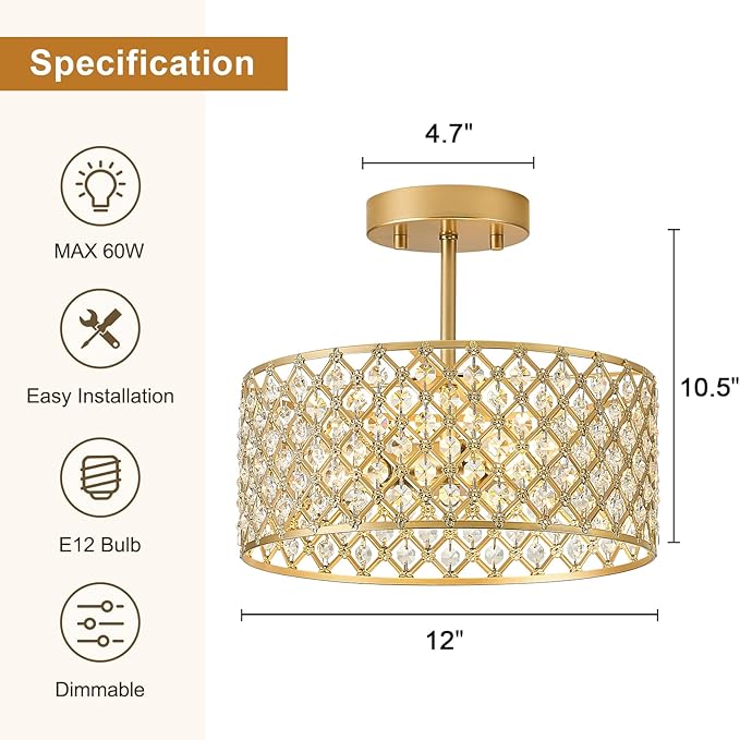 Gold Crystal Ceiling Light Fixture,Modern Semi Flush Mount Ceiling Lighting Fixture,Round Small Chandelier for Dining Room, Hallway, Entryway, Kitchen, Bedroom,Foyer,3 Light,12 inch