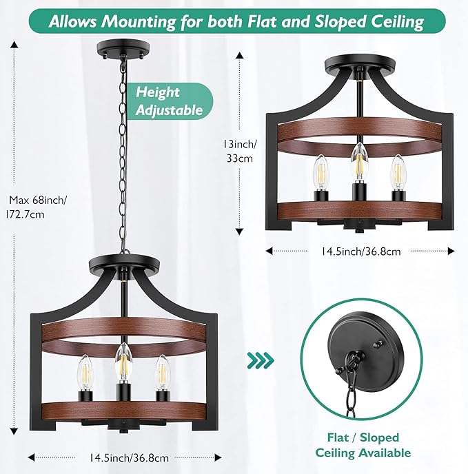 3-Light Farmhouse Chandelier, 14.5” Pendant Hanging Lighting Adjustable Height, Convertible Vintage Semi Flush Mount Ceiling Light Fixture, Rustic Chandeliers for Dining Room Foyer Entryway Kitchen