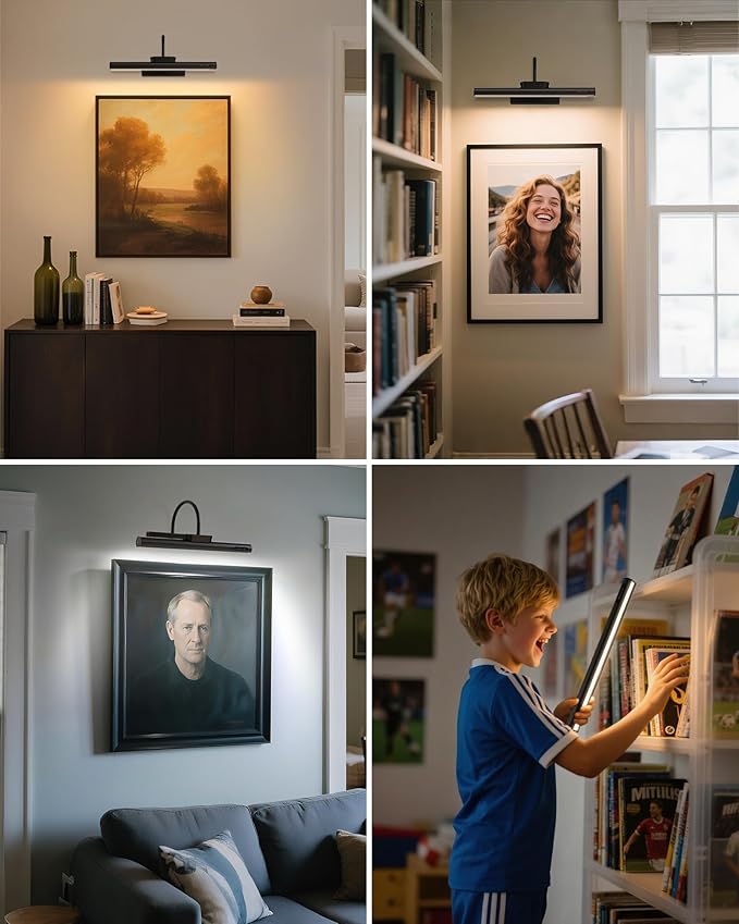 Bridika Picture Light Battery Operated, 13.8in Picture Lights for Wall, 3 Colors & Brightness Dimmable, Rechargeable Art Light for Paintings Photo Dartboard Gallery Bedroom Bathroom Black