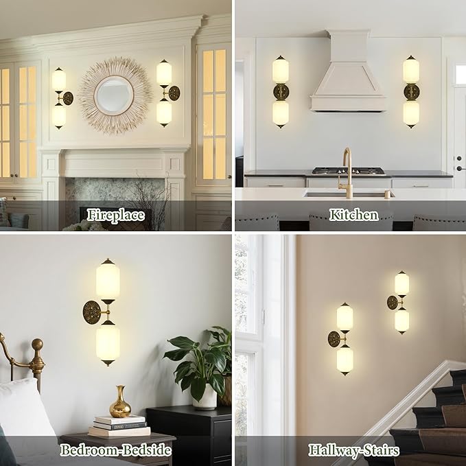 Vintage Milk Glass Bathroom Vanity Light - 25" Green Dimmable Wall Sconce with Bulb - Mid Century Vertical or Horizontal Mounted Sconces - Modern Brass Gold Lighting Fixture for Indoor Bedroom Hallway
