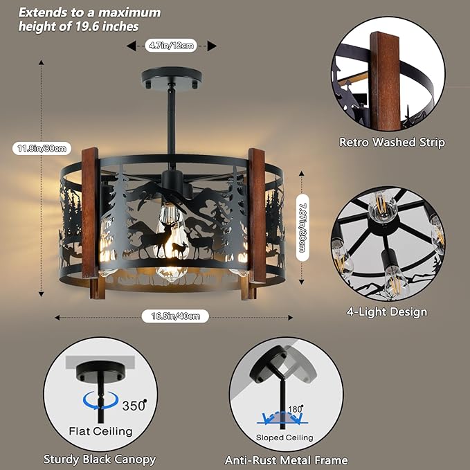Farmhouse Rustic Deer Ceiling Light Fixtures, 4-Light Round E26 Base Black Metal Wooden Fixture for Kitchen, Living Room, Foyer, Bedroom, Hallway-‎16.5" L* 16.5" W * 11.8" H