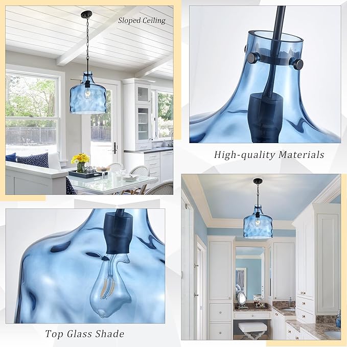 CATINER 16" Extra Large Farmhouse Pendant Light – Hand-Blown Blue Hammered Glass Shade, Black Finish, Adjustable Chain Hanging Light Fixture for Kitchen Island, Dining Room, Hallway