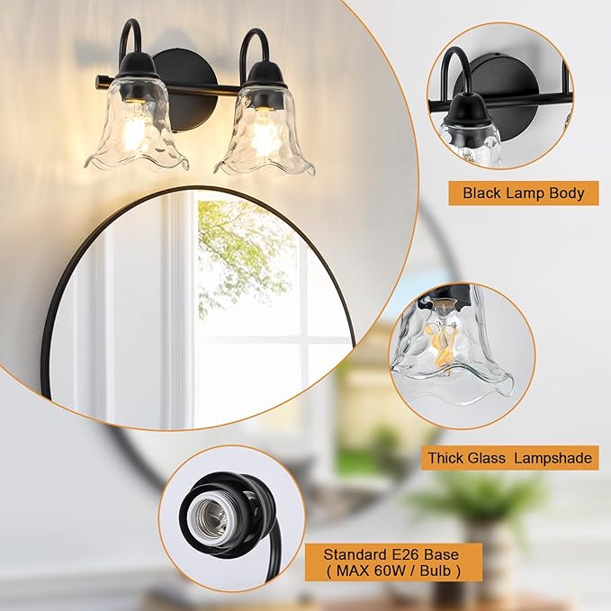Bathroom Light Fixtures over Mirror, 2 Lights Vintage Wall Sconces with Hammered Glass Shade, 12.6" Matte Black Farmhouse Bathroom Wall Light Fixtures for Bedroom, Porch, Hotel, Mirror Cabinet