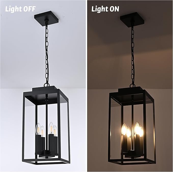 MELUCEE Large Outdoor Pendant Light Fixtures 4-Light, Farmhouse Exterior Hanging Lantern Porch Light, Black Hanging Lamp Ceiling Mount Outdoor Chandelier for Porch Patio Gazebo Entrance