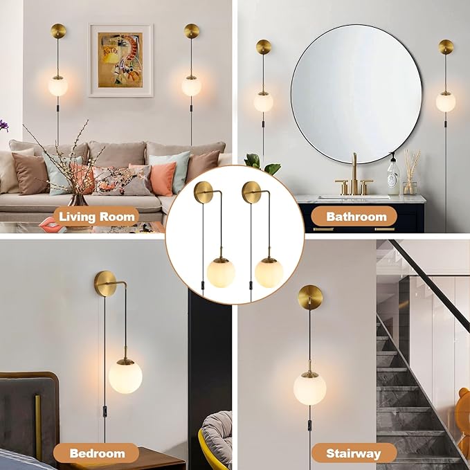 KUZZULL Wall Sconces Set of Two Plug in Wall Sconces Brushed Brass Gold Wall Lamp with Cord Wall Sconce Plug in with Globe White Glass Shade Sconces Set of 2 Wall Light Sconce