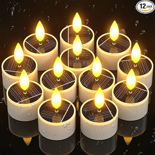 PChero Solar Tea Lights Outdoor Waterproof, 12Pcs Rechargeable Dusk to Dawn Candles, Flameless Flickering LED Votives Candles for Patio Lantern, Garden Decor, Mason Jar, Camping Table, 1.5"x2.1"