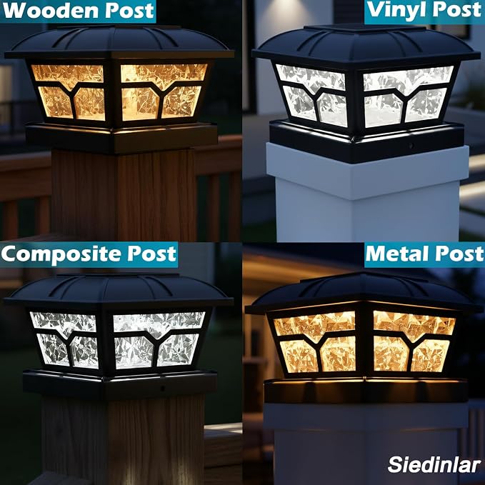 SIEDiNLAR Solar Post Cap Lights Outdoor 2 Color Modes 8 LEDs for 4x4 5x5 6x6 Posts Fence Patio Deck Decoration Warm White & Cool White Lighting Black (6 Pack)