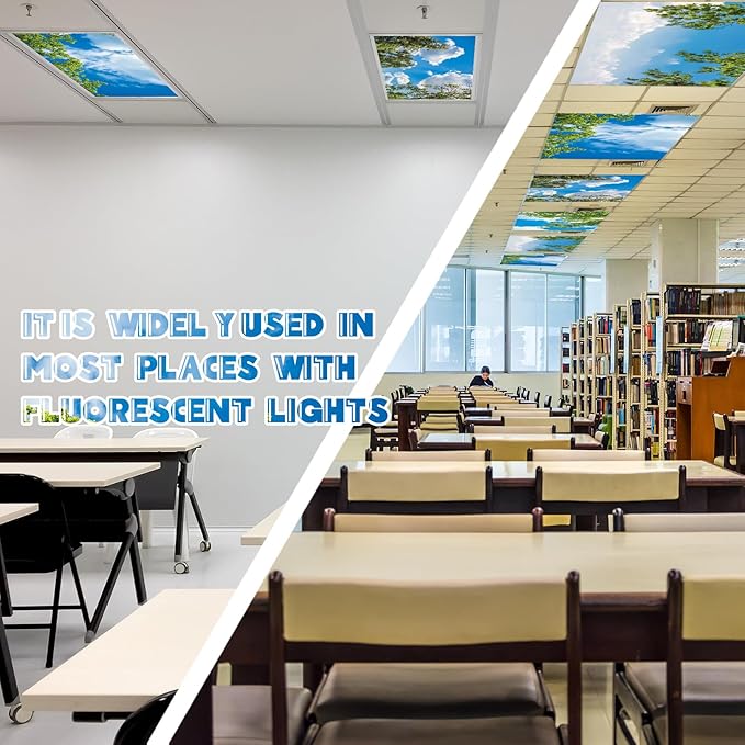Amylove 8 Pcs 4 x 2 Feet Backlit Film Material Fluorescent Light Covers Classroom Filters Ceiling Light Covers Panels Florescent Diffuser(Blue Sky, Leaves)