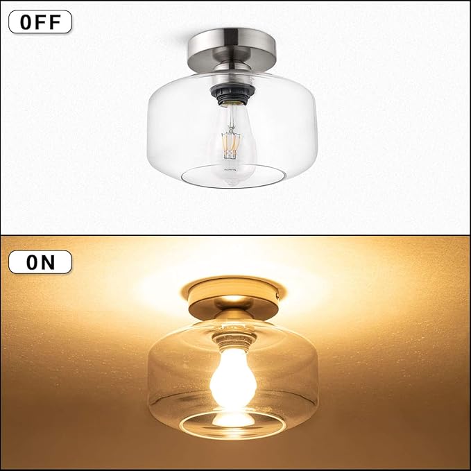 TeHenoo Semi Flush Mount Ceiling Light,Clear Glass Shade, E26 Socket,Brushed Nickel Ceiling Light Fixtures for Hallway,Entryway,Porch