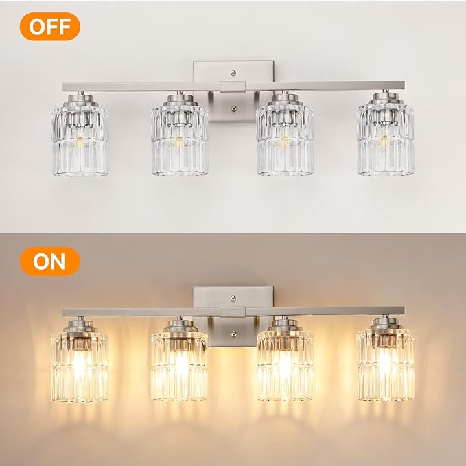 TALOYA 27 Inch Bathroom Light Fixtures,Modern 4-Light Brushed Nickel Vanity Lights with Wide Vertical Ribbed Thickened Glass Shade Wall Sconces for Mirror Makeup Room Hallway（Bulbs Not Included）