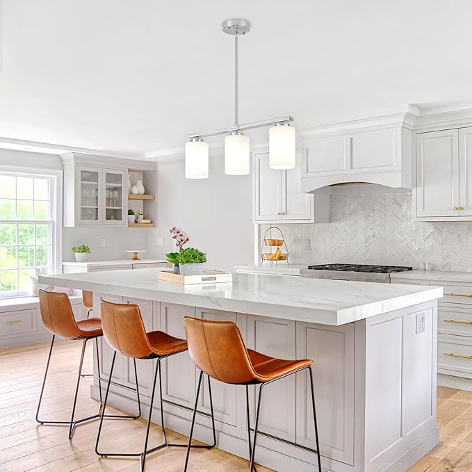 Brushed Nickel Island Lights for Kitchen, 3-Light Dining Room Light Fixtures Modern Linear Chandeliers Over Table White Frosted Glass Adjustable Hanging Lights Kitchen Pendant Lighting Over Island