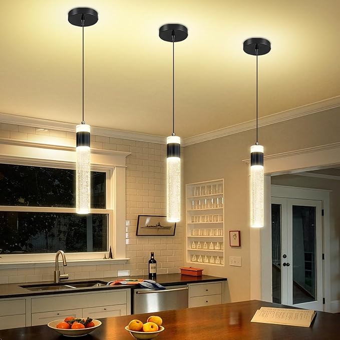 Modern Mini Crystal Pendant Light for Kitchen Island Bedroom Bedside Hanging Ceiling Lamp with Crystal Bubble Column, LED Dimmable 3000k-6000k Independent 1-Light Black