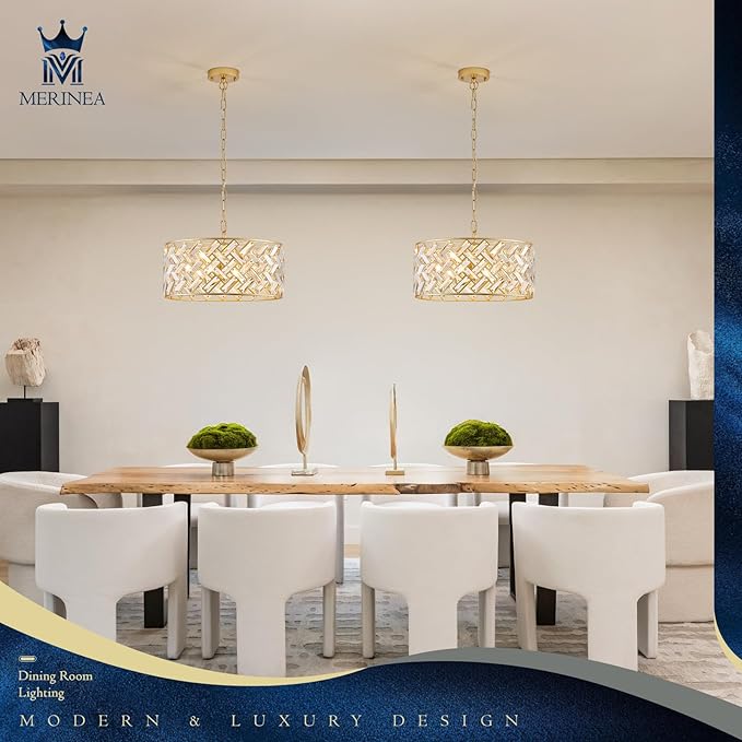 Gold Crystal Chandelier, 18" Modern Drum Ceiling Light Fixture, Luxury 6-Light K9 Crystal Pendant Lighting, Convertible Semi Flush Mount Hanging Light for Dining Room, Living Room, Bedroom, Kitchen